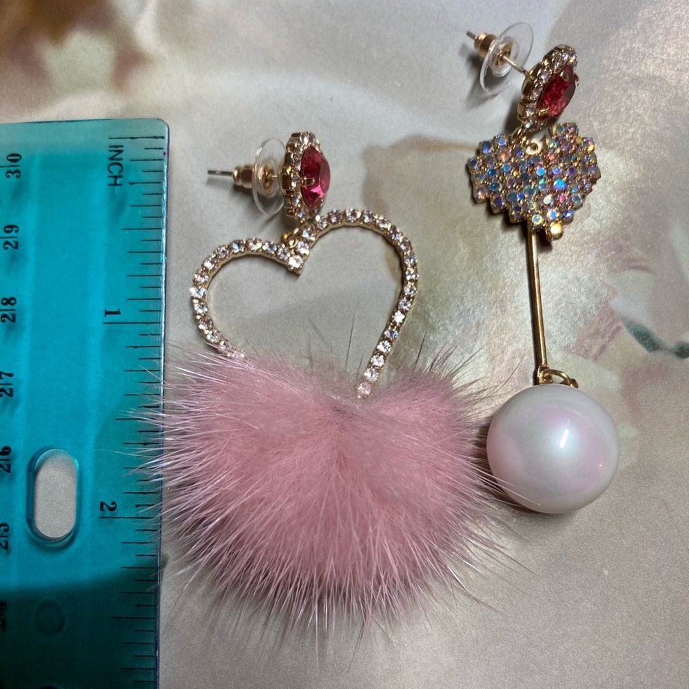 Pink Fur Crystals Asymmetrical Dangle Earrings - Picture 3 of 5